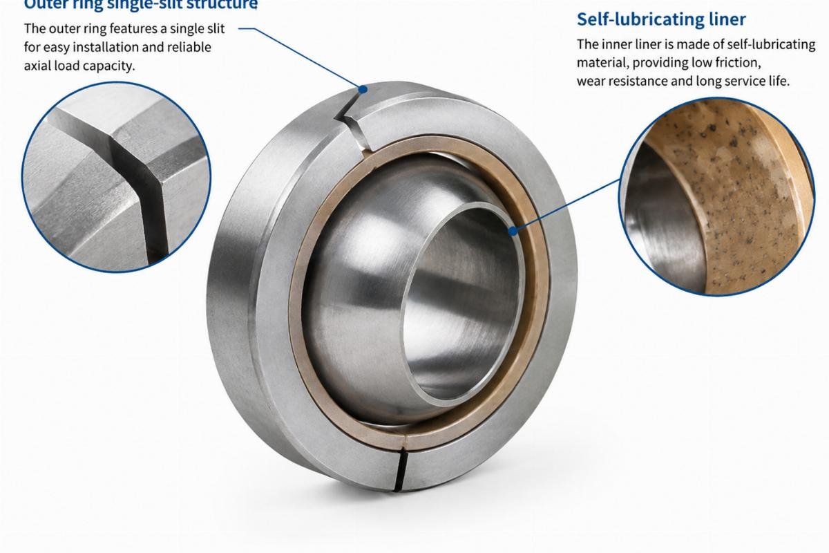 Outer ring single-slit structure and self-lubricating liner of the spherical plain bearing