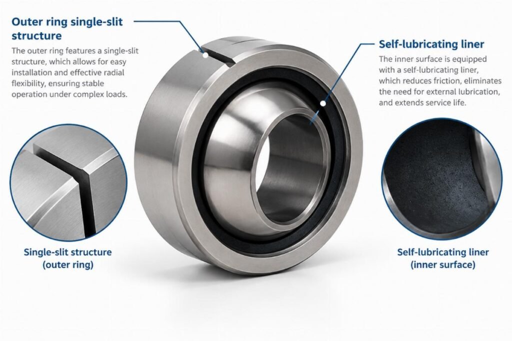 Outer ring single-slit structure and self-lubricating liner of the spherical plain bearing