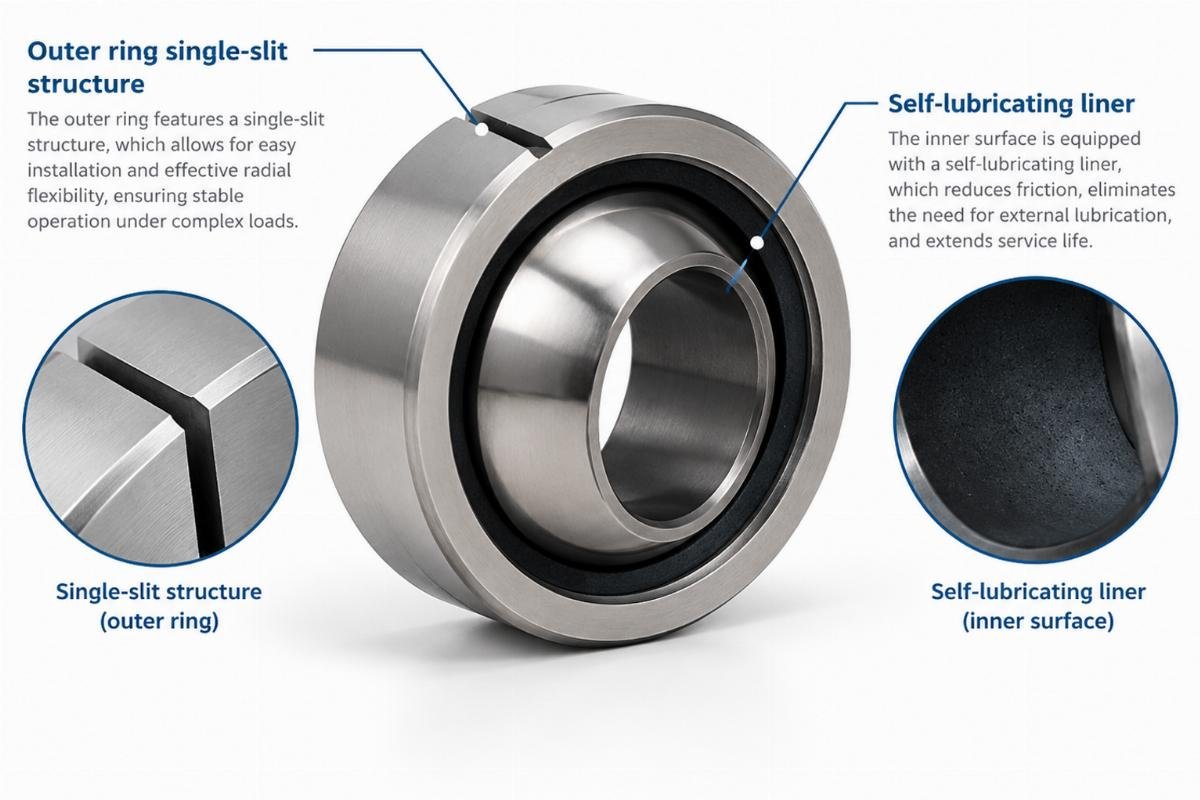 Outer ring single-slit structure and self-lubricating liner of the spherical plain bearing
