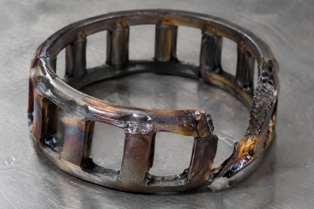 Photo of a failed bearing cage showing signs of thermal degradation rather than pure mechanical fatigue