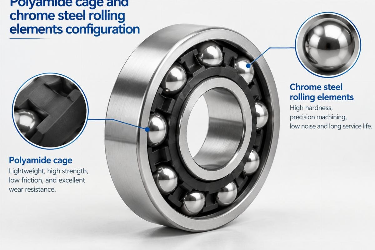Polyamide cage and chrome steel rolling elements configuration