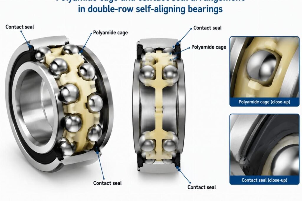 Polyamide cage and contact seal arrangement in double-row self-aligning bearings