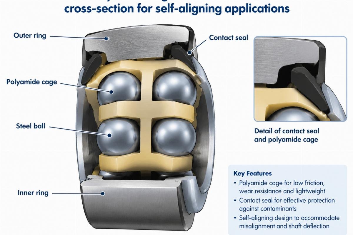 Polyamide cage and contact seal cross-section for self-aligning applications