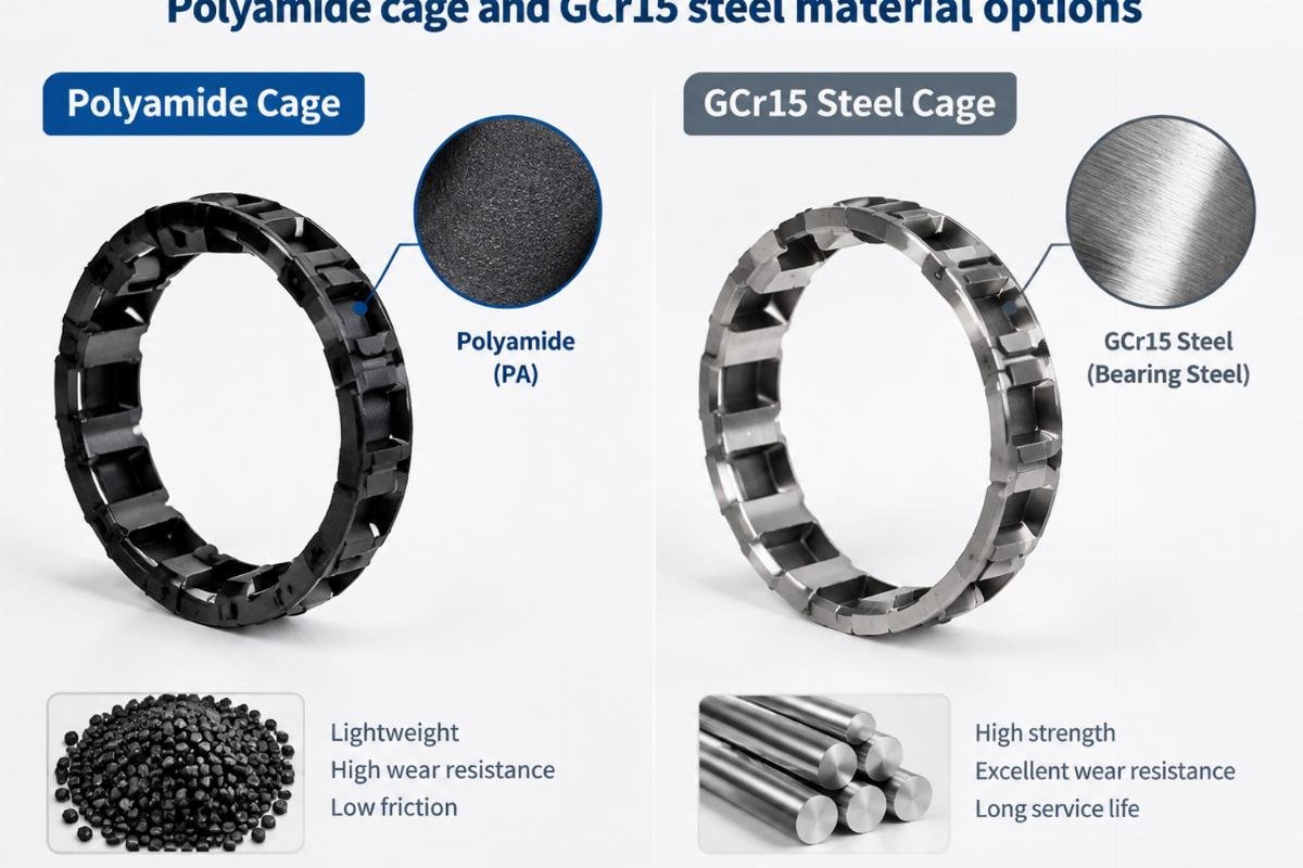 Polyamide cage and GCr15 steel material options
