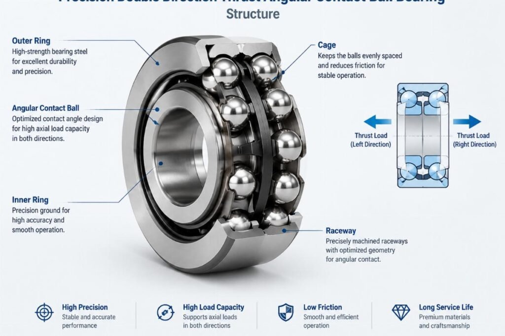Precision double direction thrust angular contact ball bearing structure