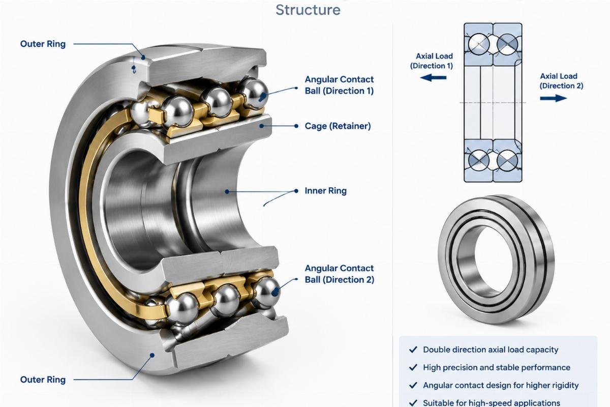 Precision double direction thrust angular contact ball bearing structure