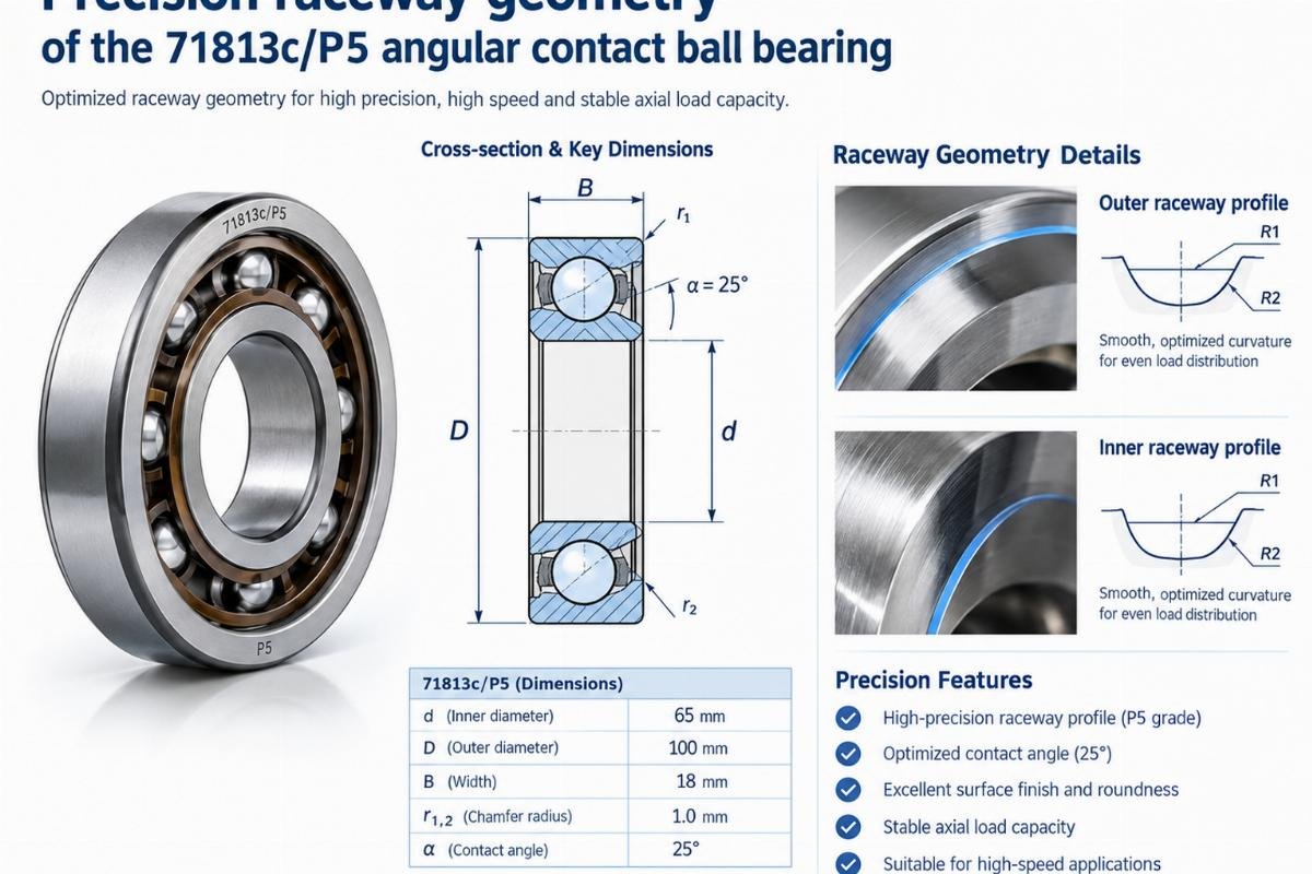 Precision raceway geometry of the 71813c/P5 angular contact ball bearing