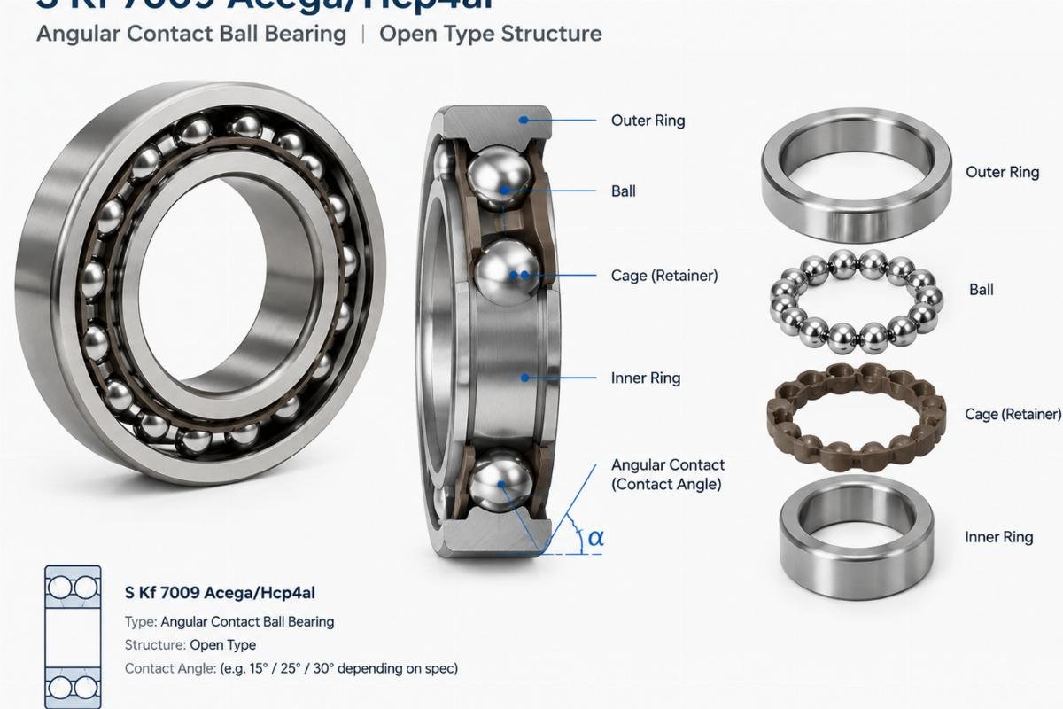 S Kf 7009 Acega/Hcp4al angular contact ball bearing open type structure