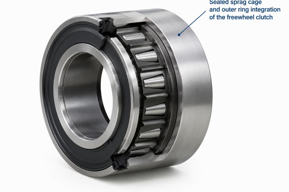 Sealed sprag cage and outer ring integration of the freewheel clutch