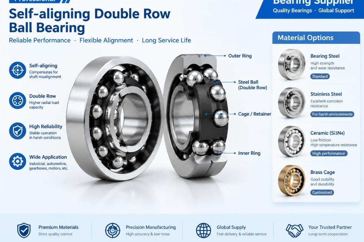 Self-aligning double row ball bearing supplier showing internal structure and material options