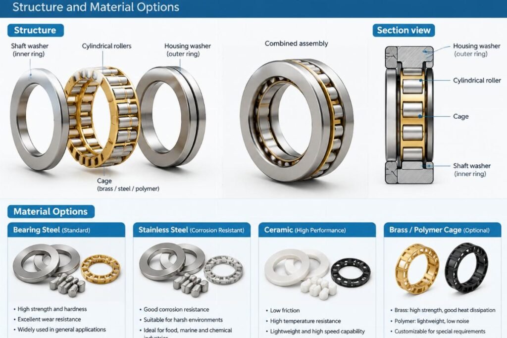 Separable thrust cylindrical roller bearing structure and material options
