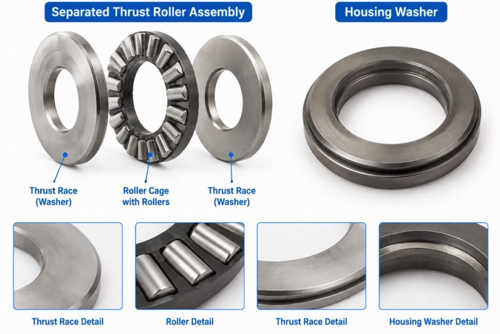 Separated thrust roller assembly and housing washer details