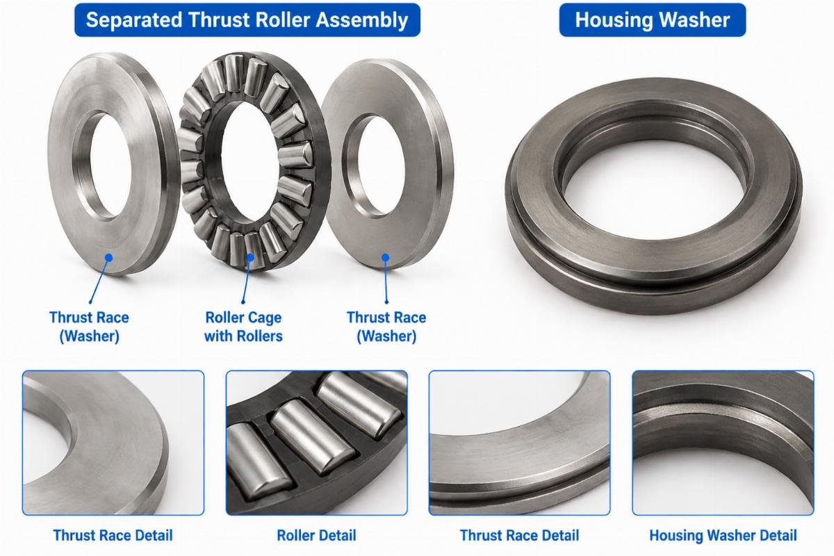 Separated thrust roller assembly and housing washer details