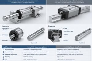 Side-by-side comparison of a round shaft linear bearing system and a profiled rail linear guide system highlighting structural differences