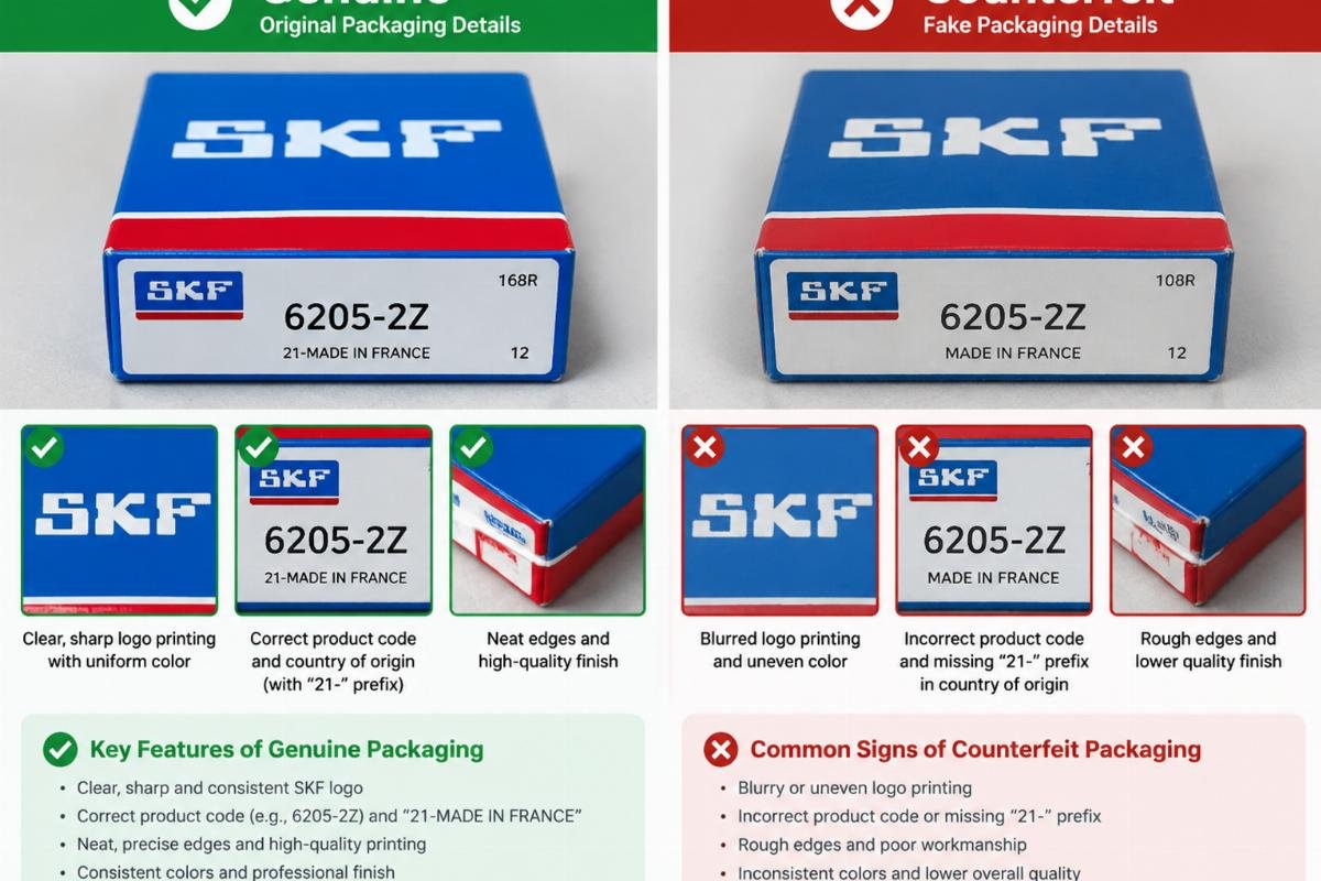 Side-by-side comparison of genuine vs counterfeit bearing packaging details