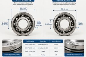 Side-by-side comparison of inch and metric bearings showing subtle differences in outer diameter markings and dimensional labels