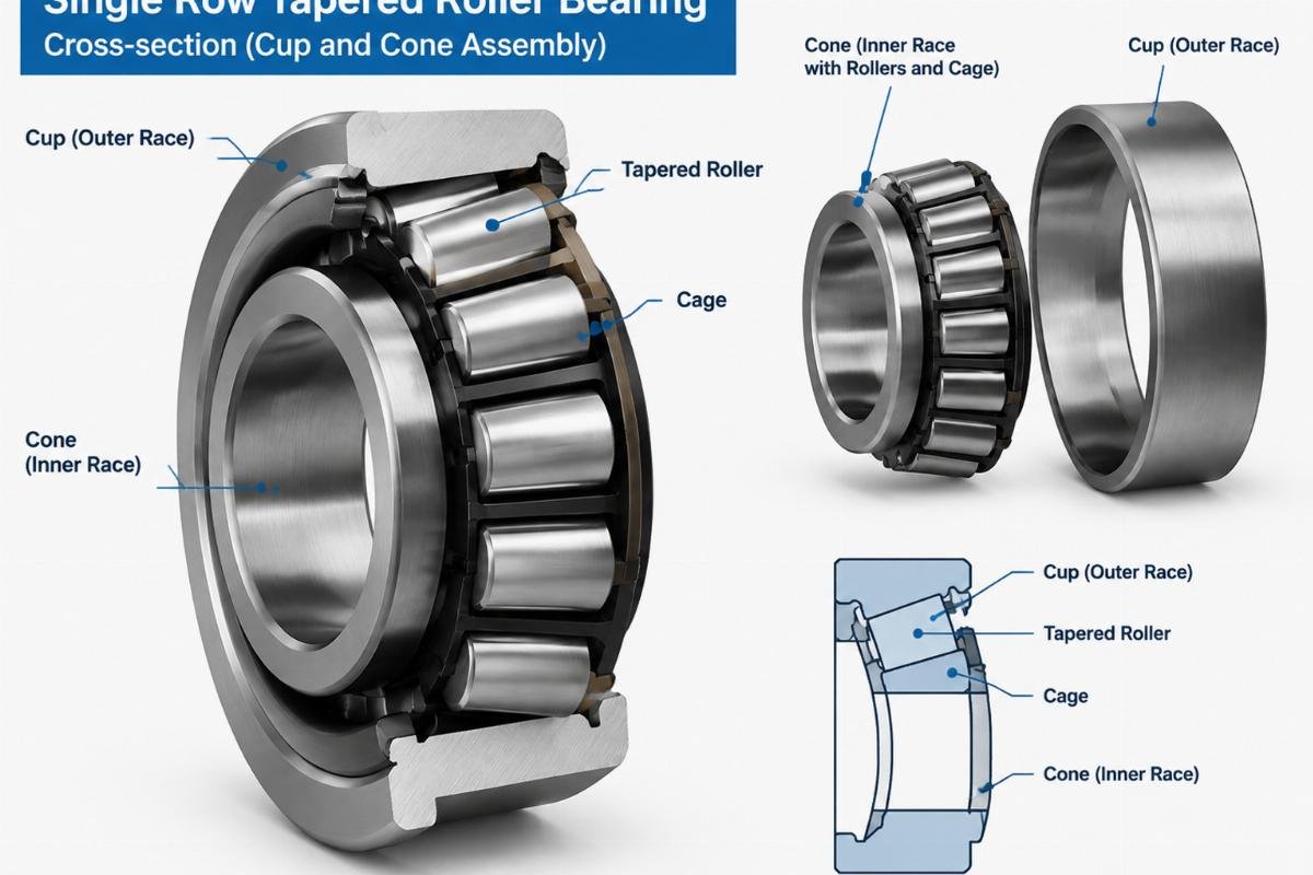 Single row tapered roller bearing cross-section showing cup and cone assembly