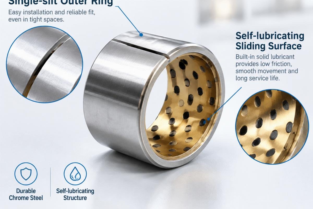 Single-slit outer ring and self-lubricating sliding surface of chrome steel plain bearings