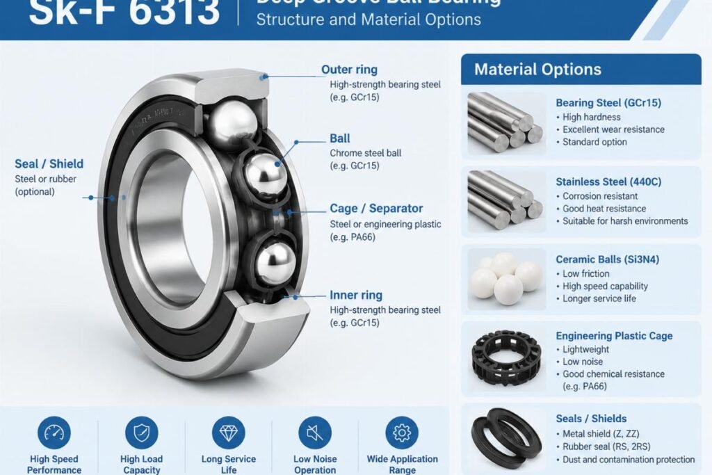 Sk-F 6313 deep groove ball bearing structure and material options