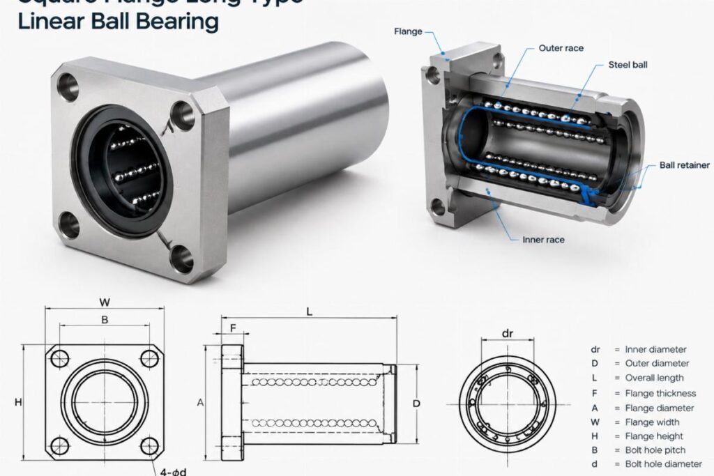 Square flange long type linear ball bearing structure