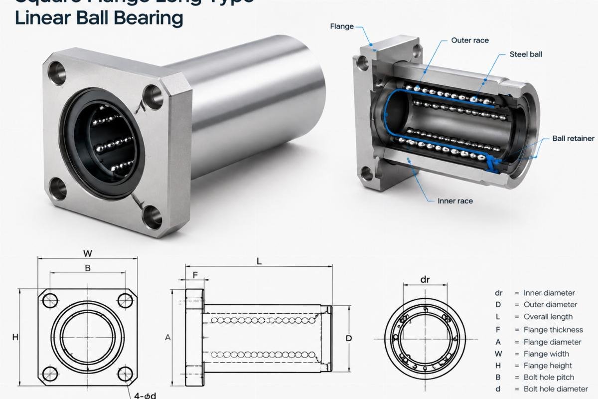 Square flange long type linear ball bearing structure