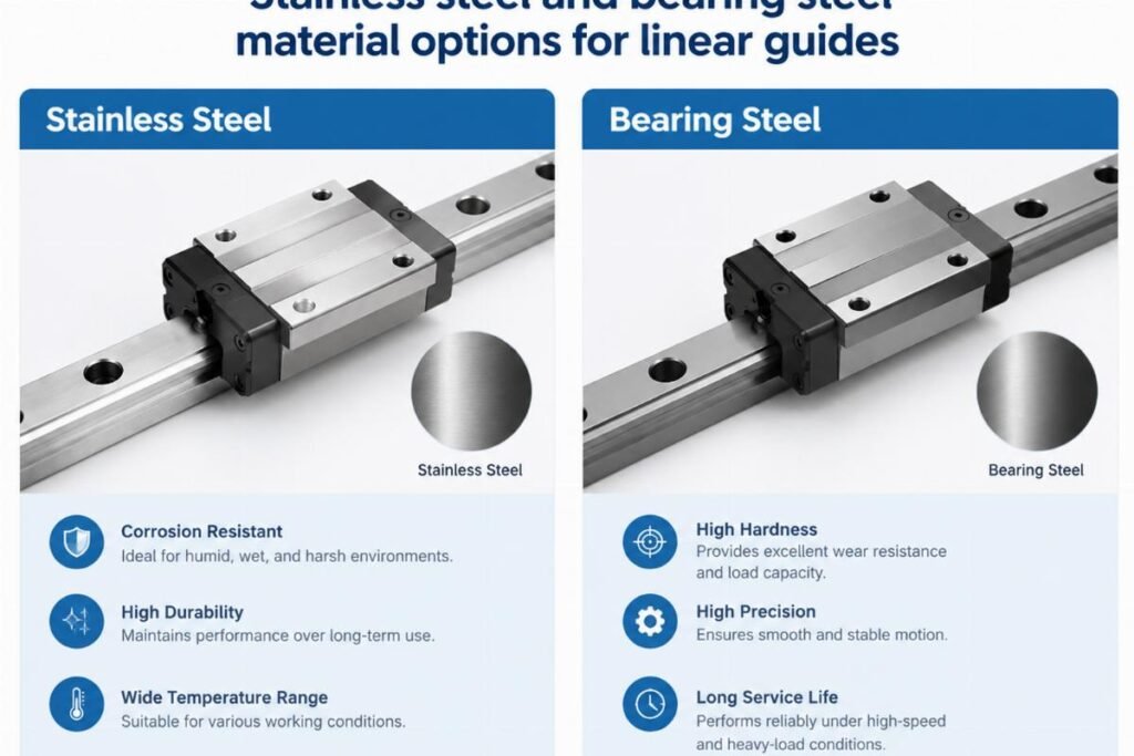 Stainless steel and bearing steel material options for linear guides