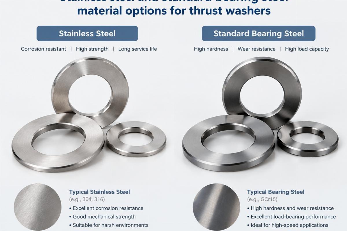 Stainless steel and standard bearing steel material options for thrust washers
