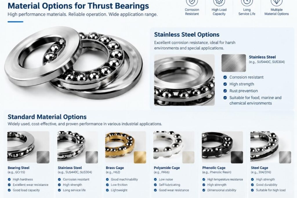 Stainless steel and standard material options for thrust bearings