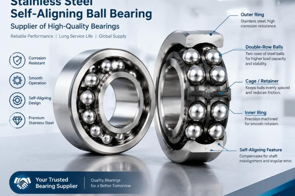 Stainless steel self-aligning ball bearing supplier showing double-row internal structure