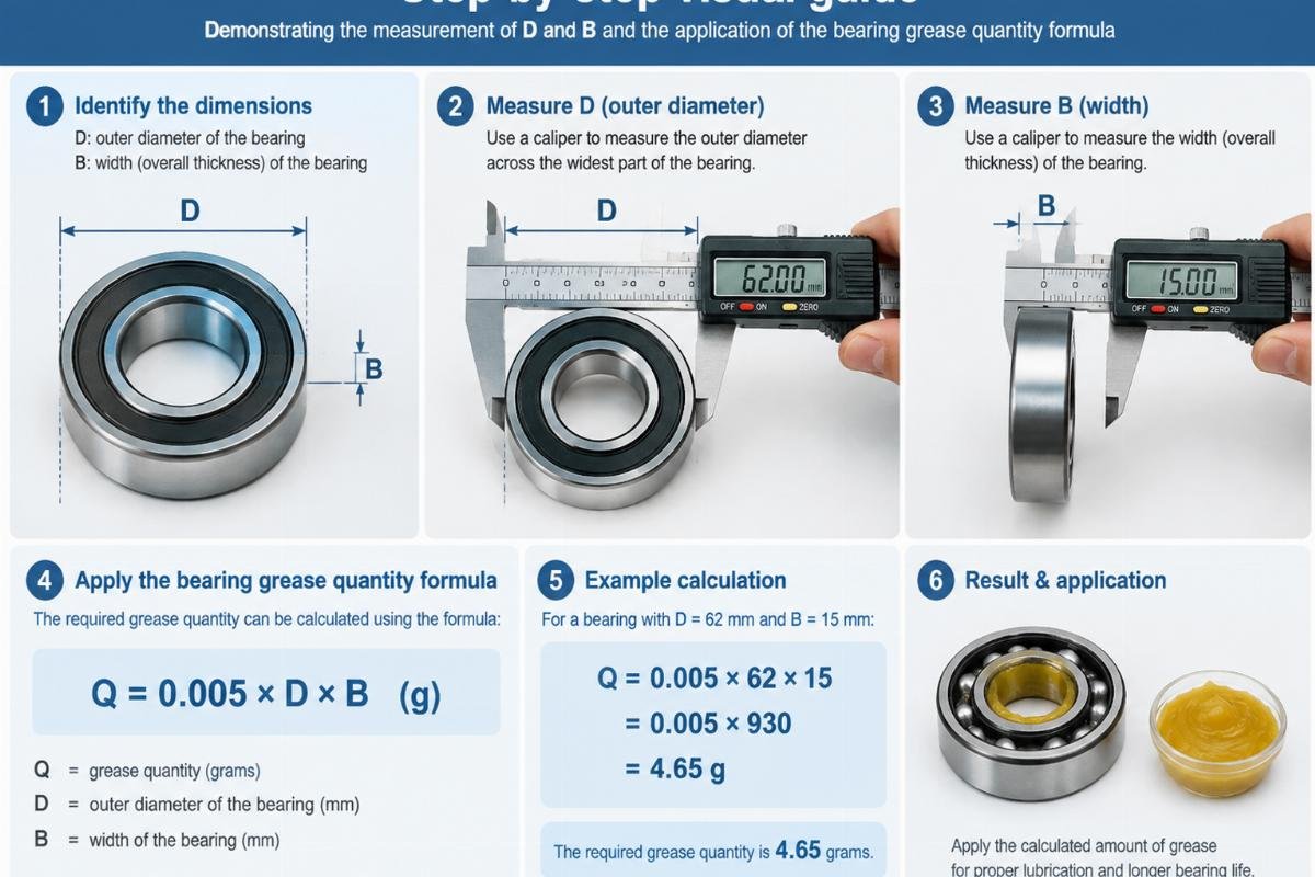 Step-by-step visual guide demonstrating the measurement of D and B and the application of the bearing grease quantity formula