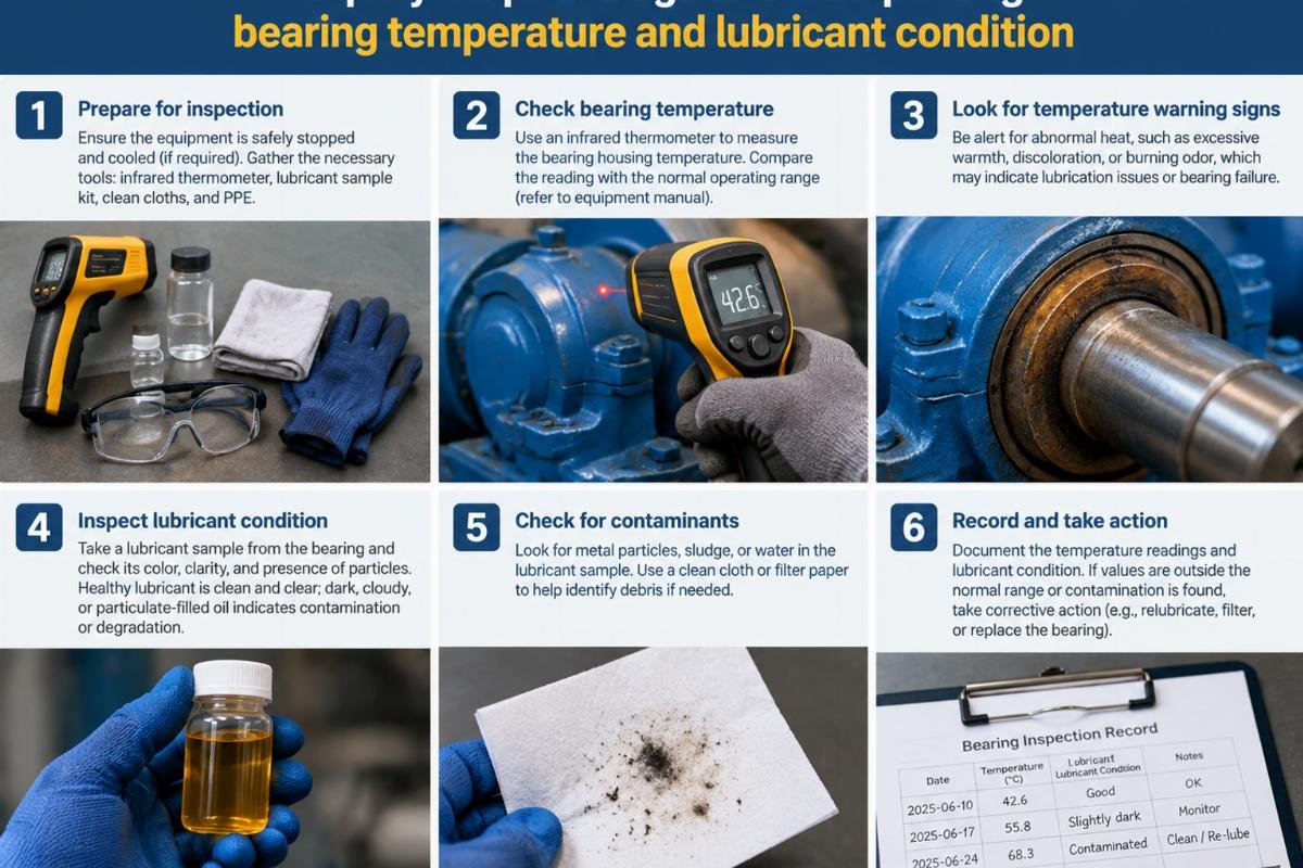 Step-by-step visual guide for inspecting bearing temperature and lubricant condition