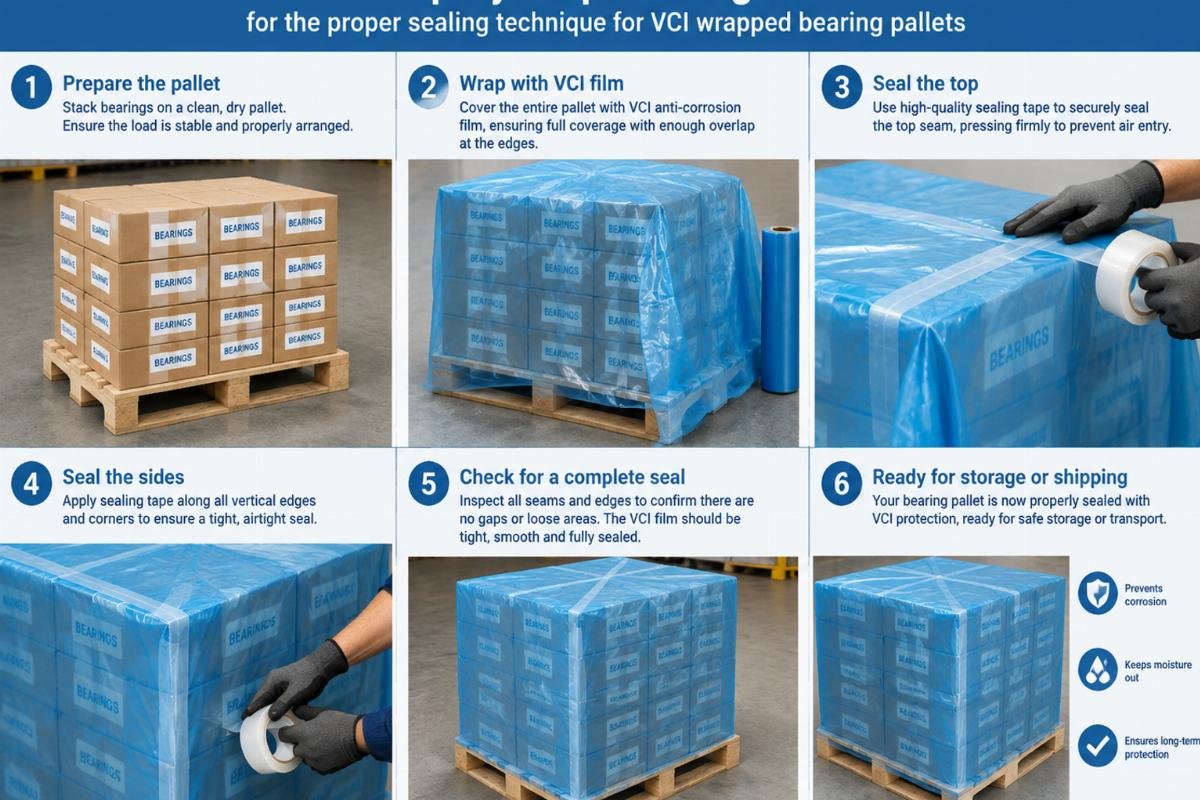 Step-by-step visual guide showing the proper sealing technique for VCI wrapped bearing pallets