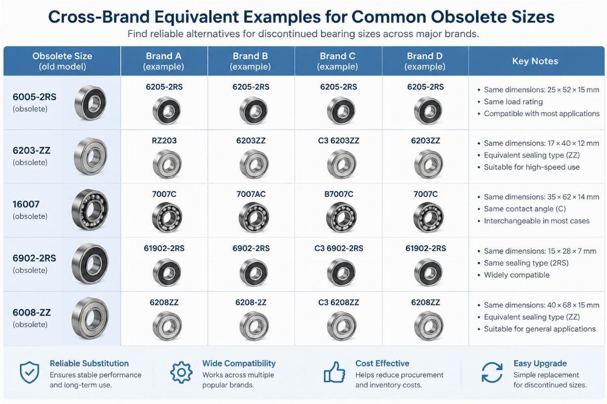 Table showing cross-brand equivalent examples for common obsolete sizes