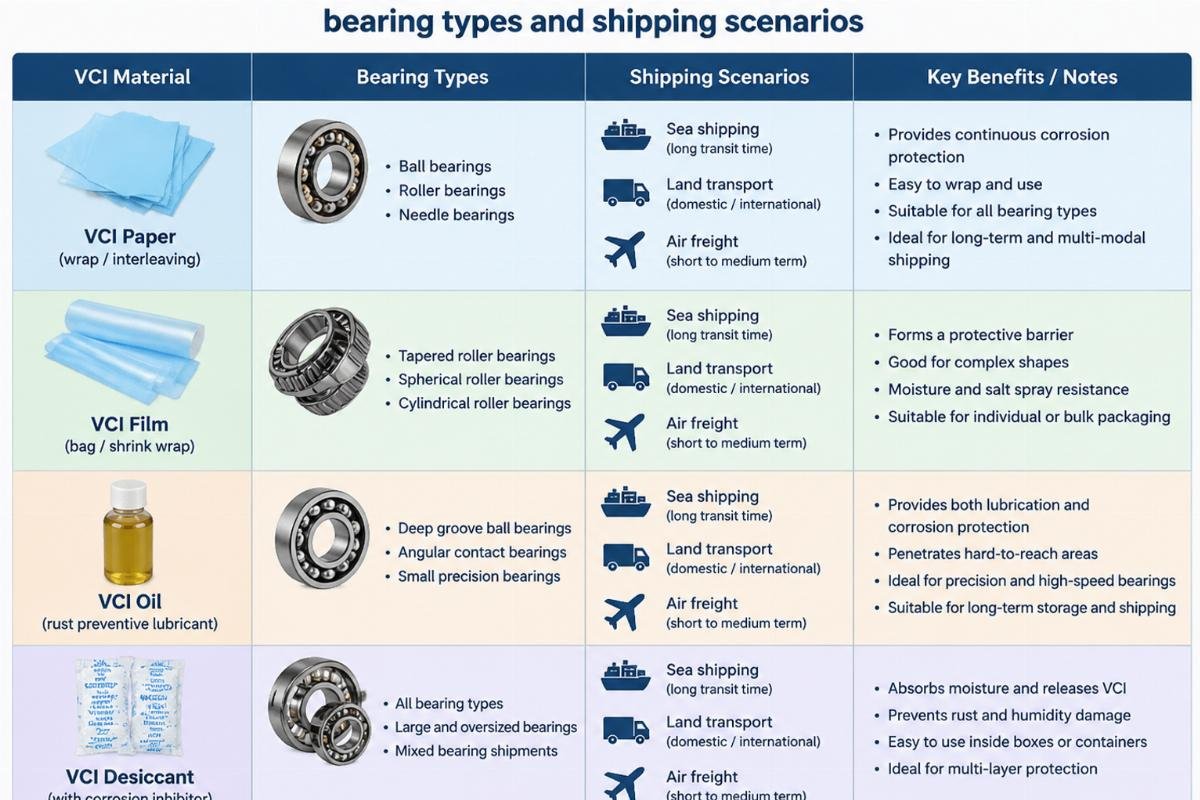 Table showing different VCI materials applied to various bearing types and shipping scenarios