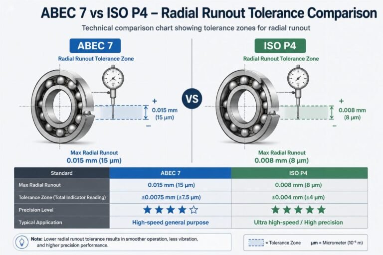 Technical comparison chart showing side-by-side tolerance zones for ABEC 7 and ISO P4 bearings highlighting radial runout differences