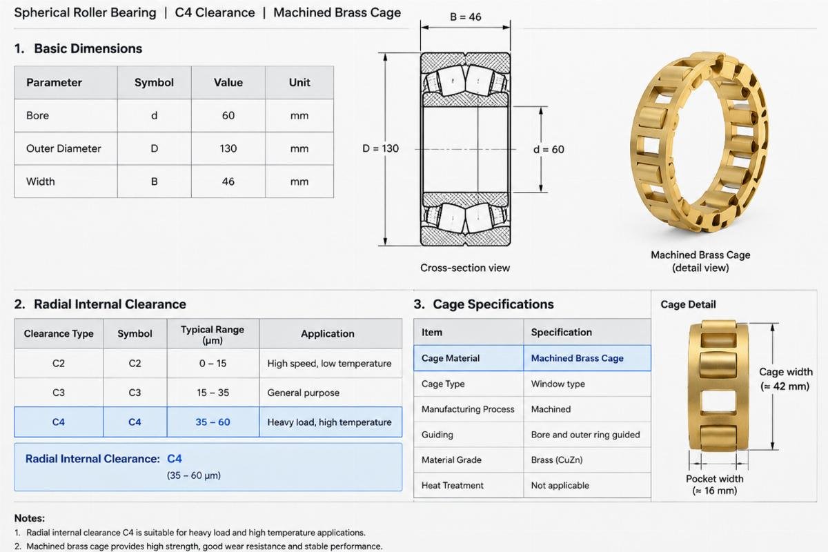 Technical datasheet excerpt highlighting C4 clearance and brass cage specifications for 22312 bearings