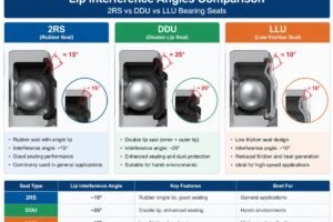 Technical diagram comparing lip interference angles of 2RS vs DDU vs LLU bearing seals
