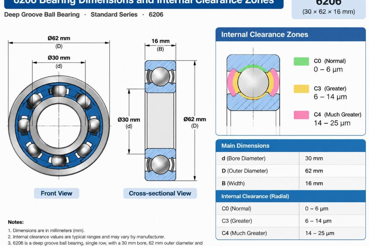 Technical diagram showing 6206 bearing dimensions and internal clearance zones