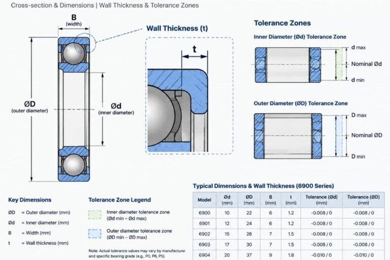 Technical diagram showing cross-section of 6900 series thin bearings dimensions highlighting wall thickness and tolerance zones