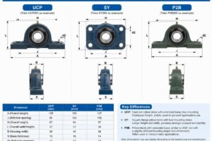 Technical diagram showing dimensional differences between UCP, SY, and P2B pillow block housing mounts