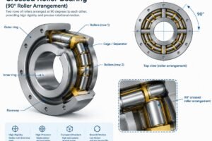Technical diagram showing internal structure of a crossed roller bearing with 90-degree roller arrangement