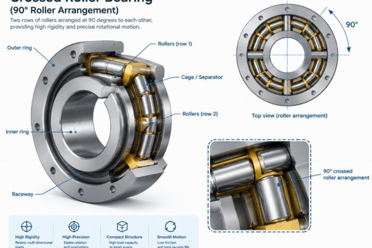 Technical diagram showing internal structure of a crossed roller bearing with 90-degree roller arrangement