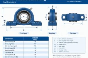 Technical diagram showing key UCP205 pillow block dimensions including bore size, base length, and bolt hole spacing