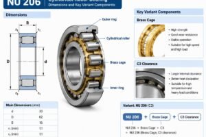 Technical diagram showing NU 206 cylindrical roller bearing dimensions and key variant components including brass cage and C3 clearance