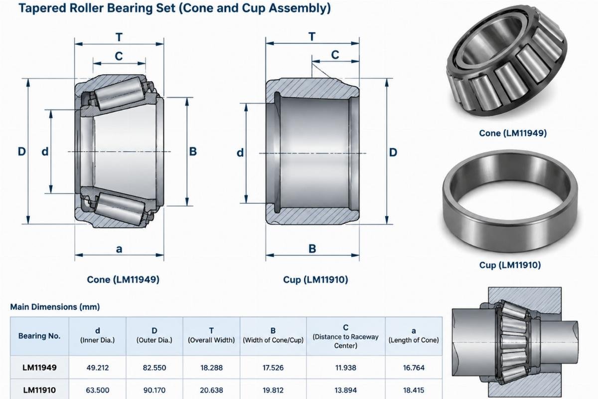 Technical diagram showing the cone and cup assembly of an LM11949/LM11910 bearing set with labeled dimensions