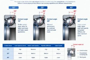 Technical diagram showing the difference between 15, 25, and 40 degree contact angles in angular contact ball bearings