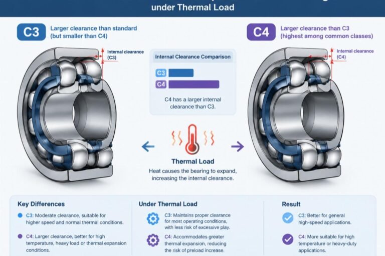 Technical diagram showing the difference between C3 and C4 internal clearance in spherical roller bearings under thermal load