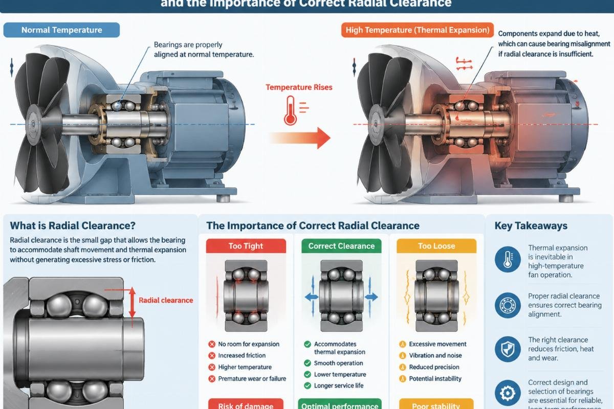 Technical diagram showing the effect of thermal expansion on fan bearing alignment and the importance of correct radial clearance