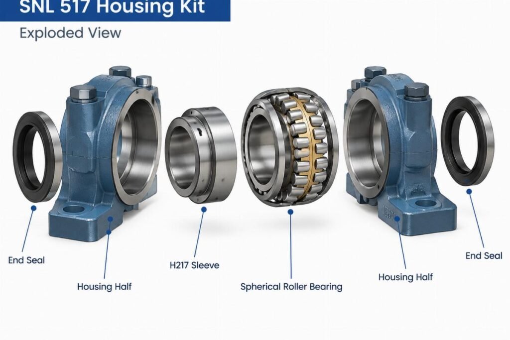Technical diagram showing the exploded view of an SNL 517 housing kit including the housing halves, H217 sleeve, spherical roller bearing, and end seals