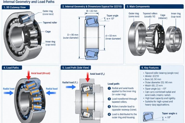 Technical diagram showing the internal geometry and load paths of a 32210 tapered roller bearing